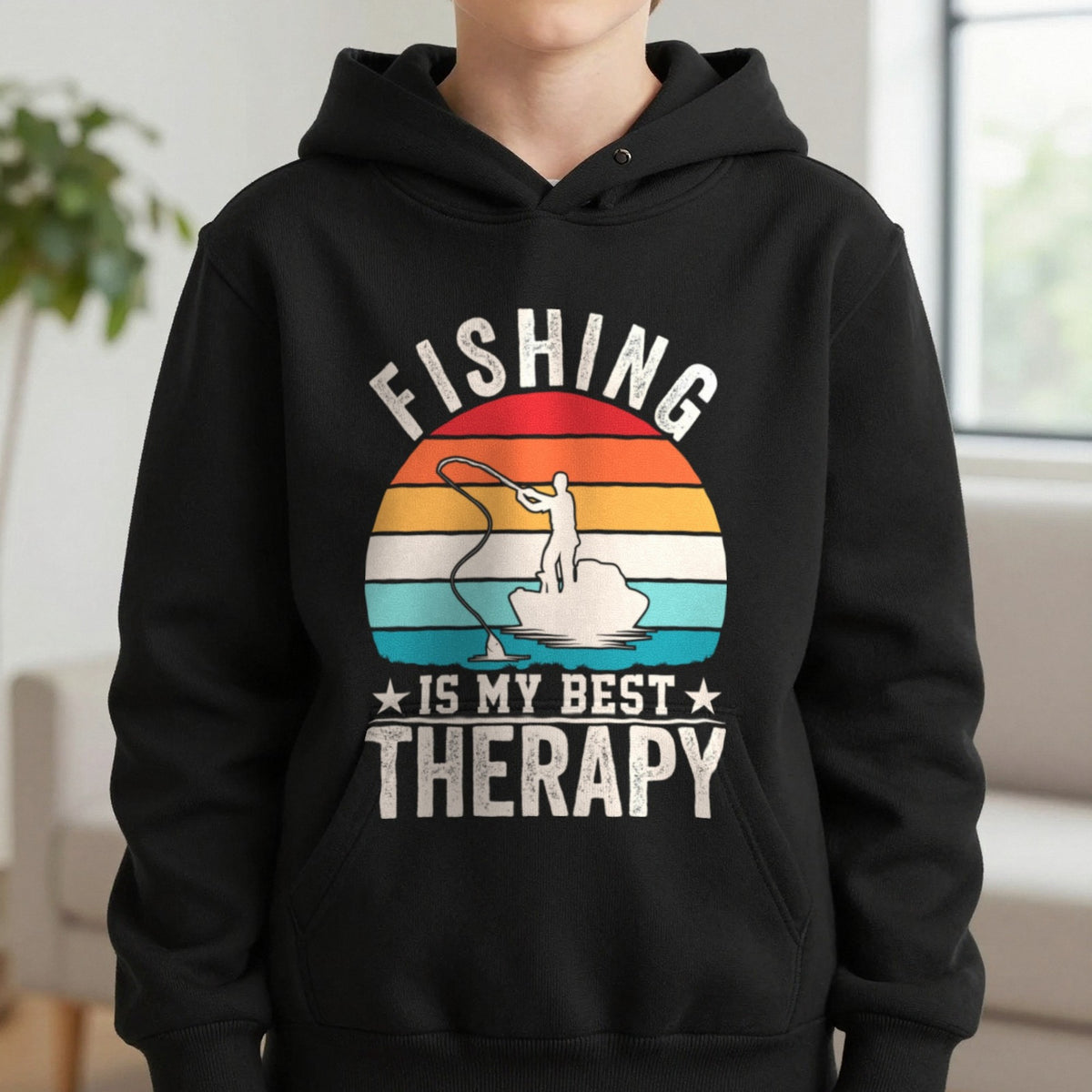 Christmas Pencil Kids Hoodie in Black, worn, our photo