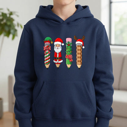 Christmas Pencil Kids Hoodie in Navy, worn, our photo