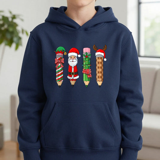 Christmas Pencil Kids Hoodie in Navy, worn, our photo