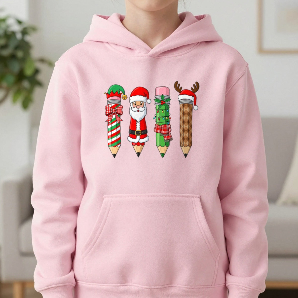 Christmas Pencil Kids Hoodie in Light Pink, worn, our photo