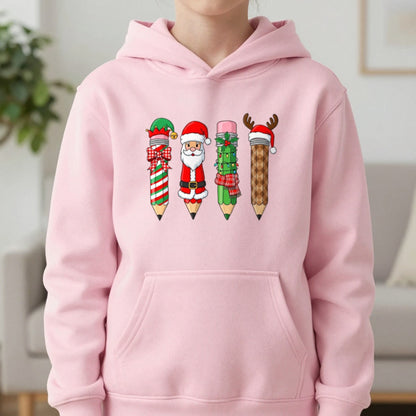 Christmas Pencil Kids Hoodie in Light Pink, worn, our photo