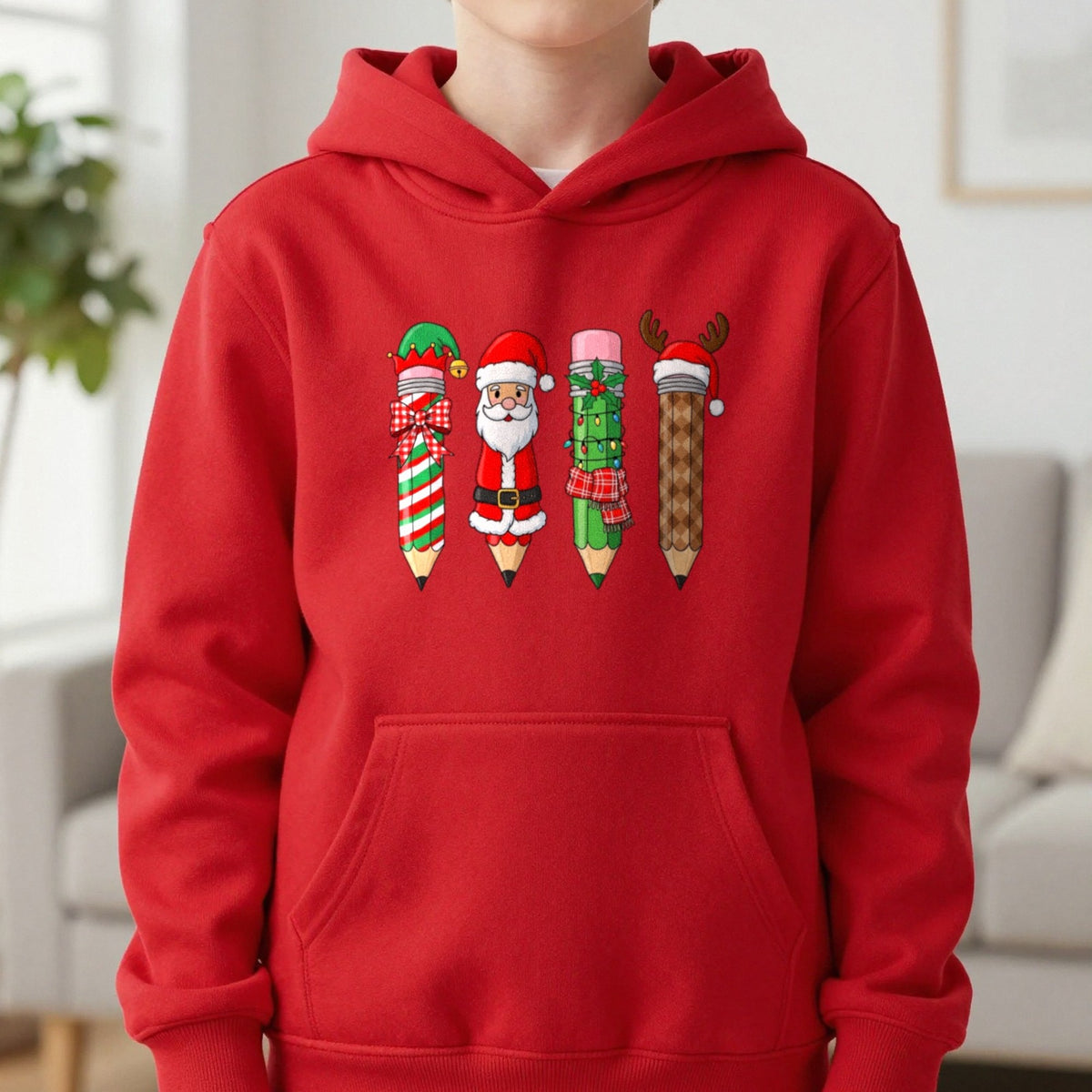 Christmas Pencil Kids Hoodie in Red, worn, our photo