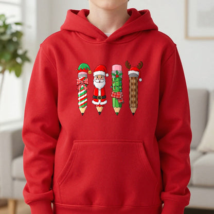 Christmas Pencil Kids Hoodie in Red, worn, our photo