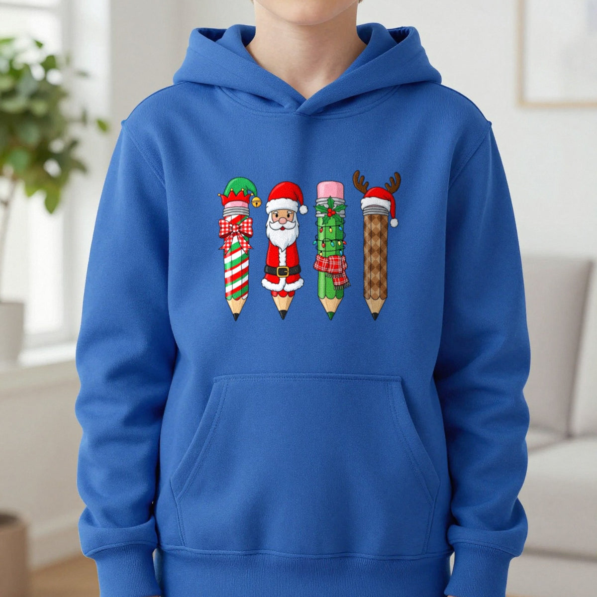 Christmas Pencil Kids Hoodie in Royal, worn, our photo