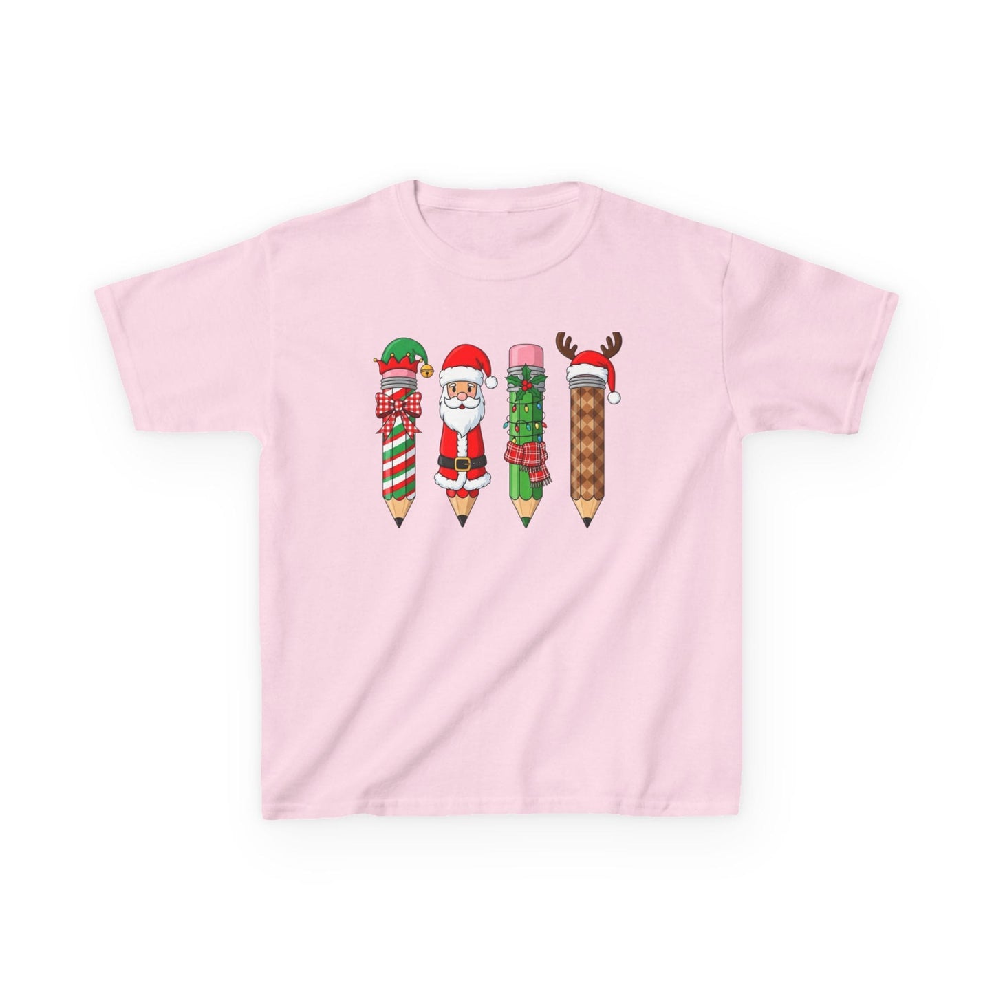 light pink kids t-shirt with christmas pencil design for girls holiday outfit