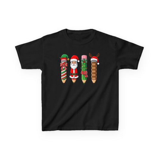 black kids t-shirt with christmas pencil holiday graphic for young students