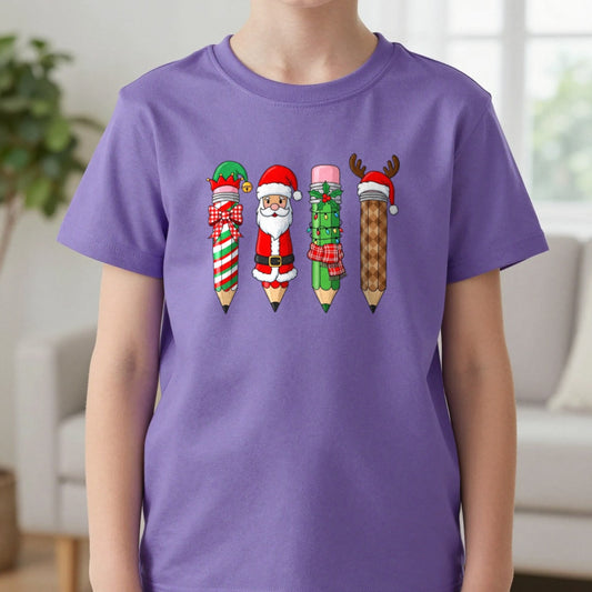 Christmas Pencil Kids T-Shirt in Purple, worn, our photo