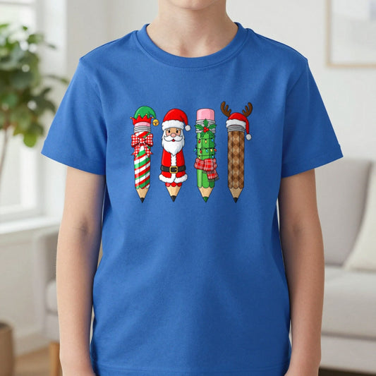 Christmas Pencil Kids T-Shirt in Royal, worn, our photo