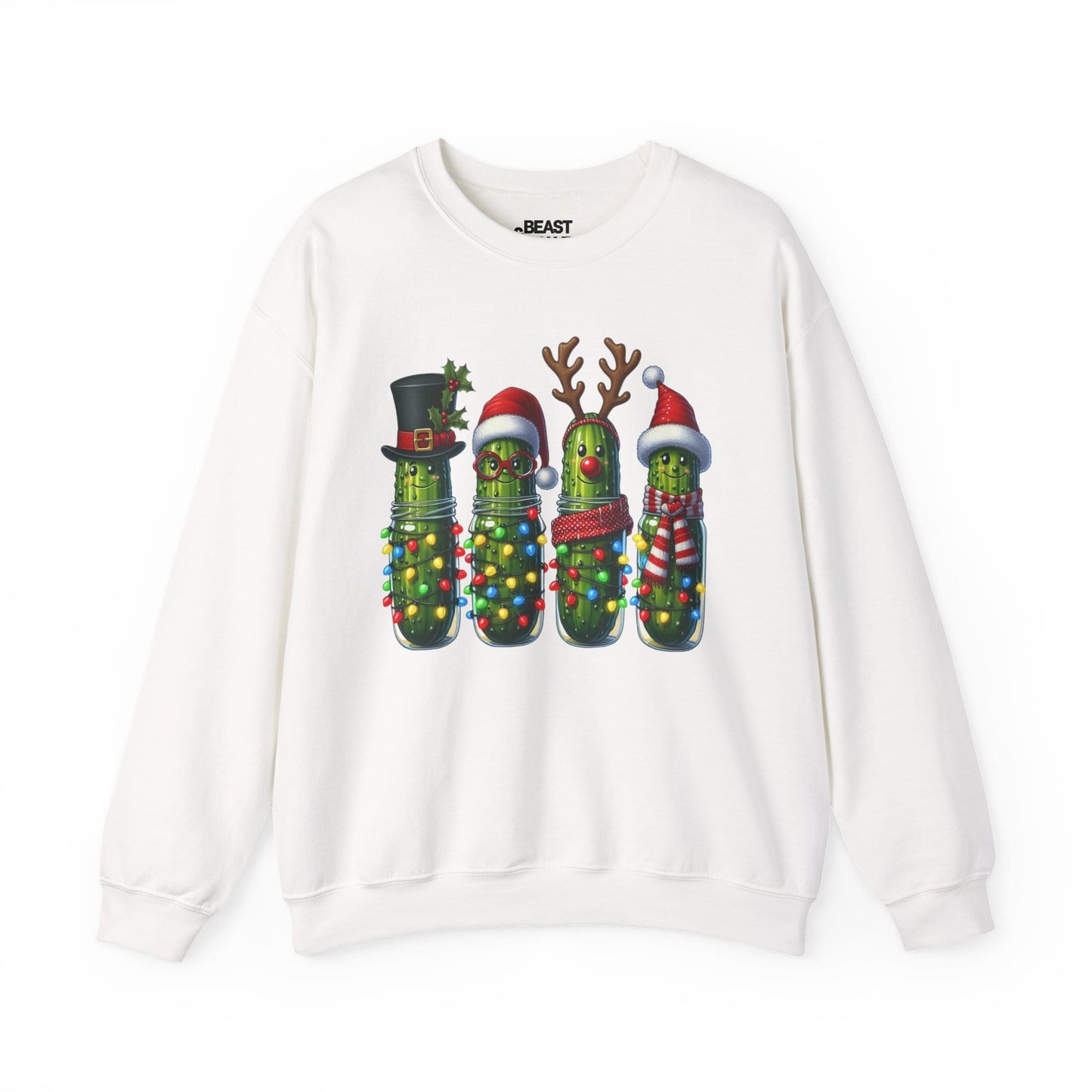 white sweatshirt with Christmas pickle friends festive character design