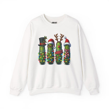 white sweatshirt with Christmas pickle friends festive character design