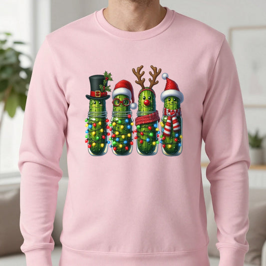 Christmas Pickle Friends Sweatshirt in Light Pink, worn, our photo