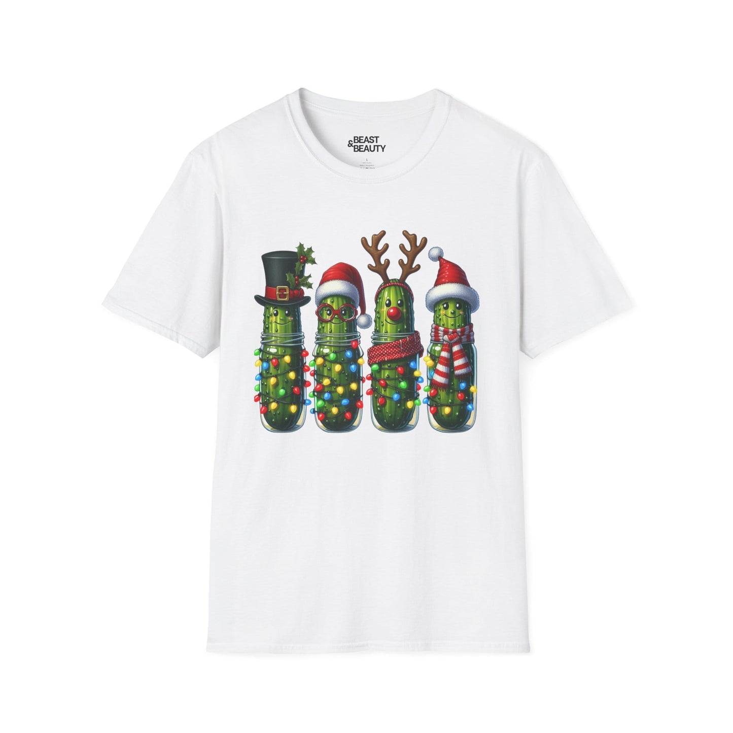 white t-shirt with christmas pickle quirky festive graphic