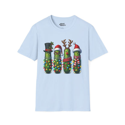 light blue t-shirt with christmas pickle funny festive graphic design
