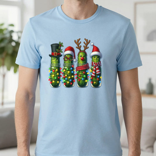 Christmas Pickle T-Shirt in Light Blue, worn, our photo