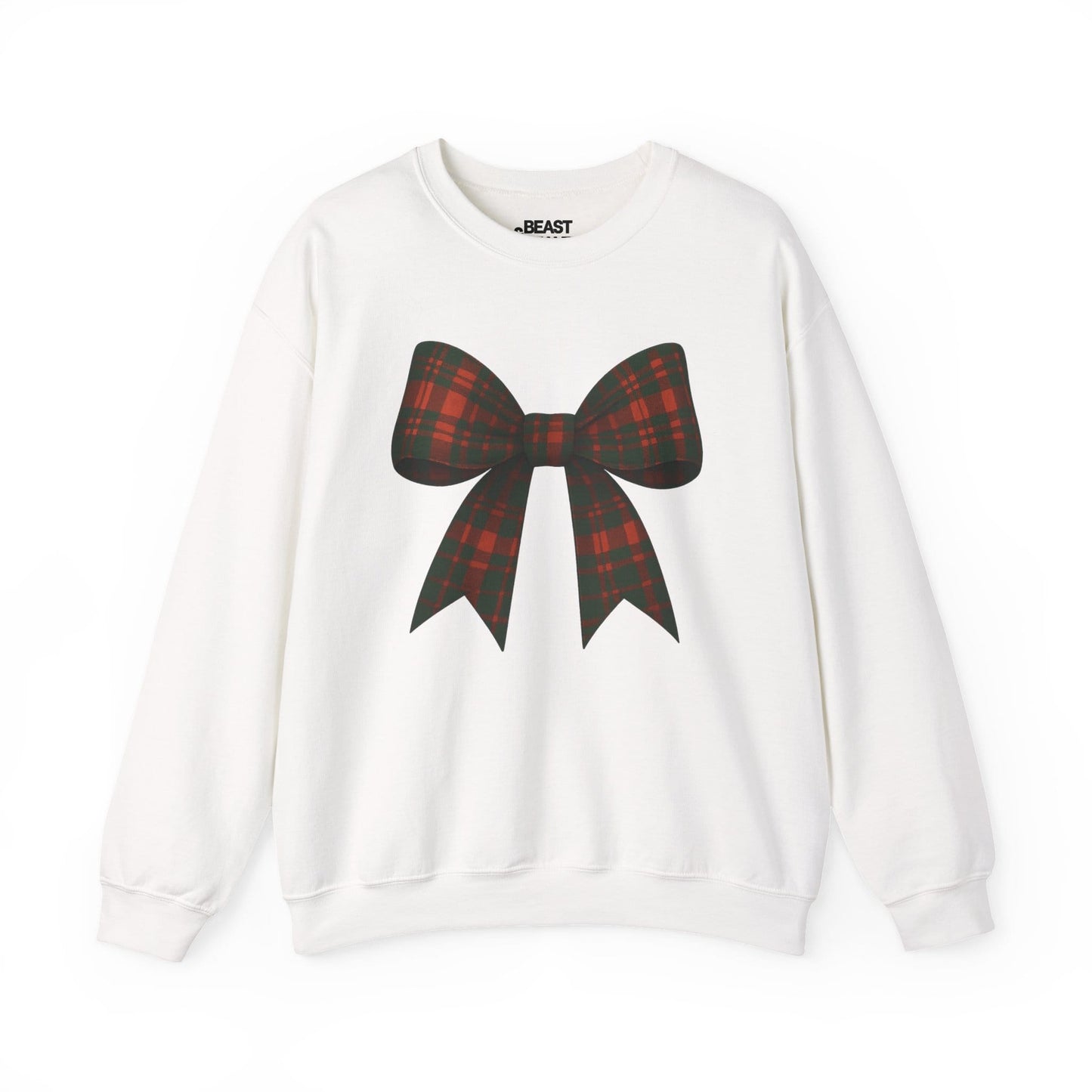 white sweatshirt with christmas tartan bow design for women