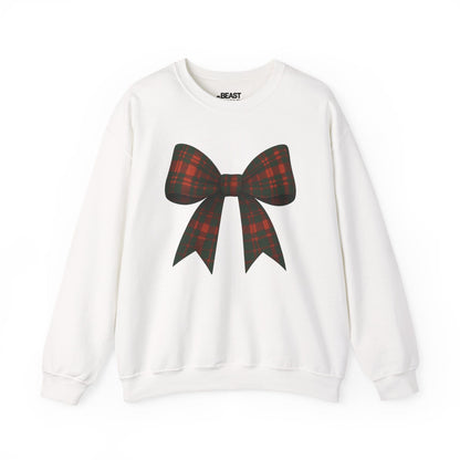 white sweatshirt with christmas tartan bow design for women