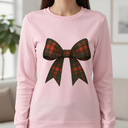 Christmas Tartan Bow Sweatshirt in Light Pink, worn, our photo