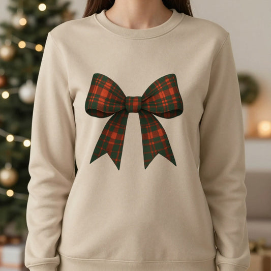 Christmas Tartan Bow Sweatshirt in Sand, worn, our photo