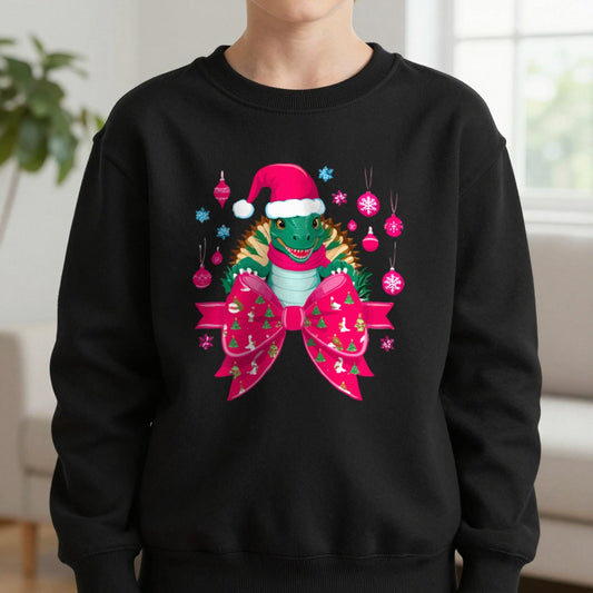 Christmas Turtle Bow Youth Sweatshirt in Black, worn, our photo