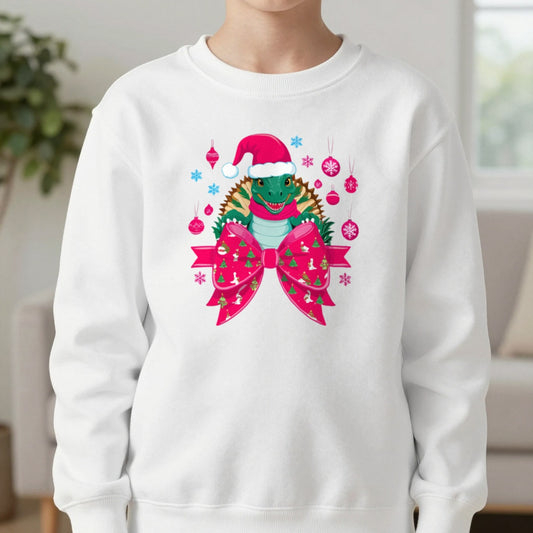 Christmas Turtle Bow Youth Sweatshirt in White, worn, our photo