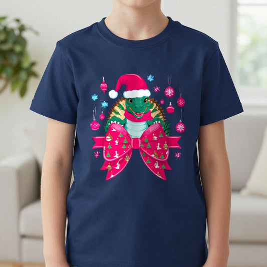 Christmas Turtle Kids T-Shirt in Navy, worn, our photo
