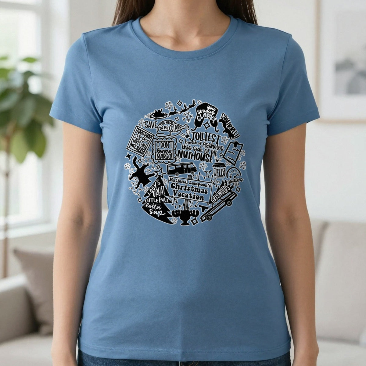 Christmas Vacation Quotes Collage T-Shirt & Sweatshirt in Indigo Blue, worn, our photo