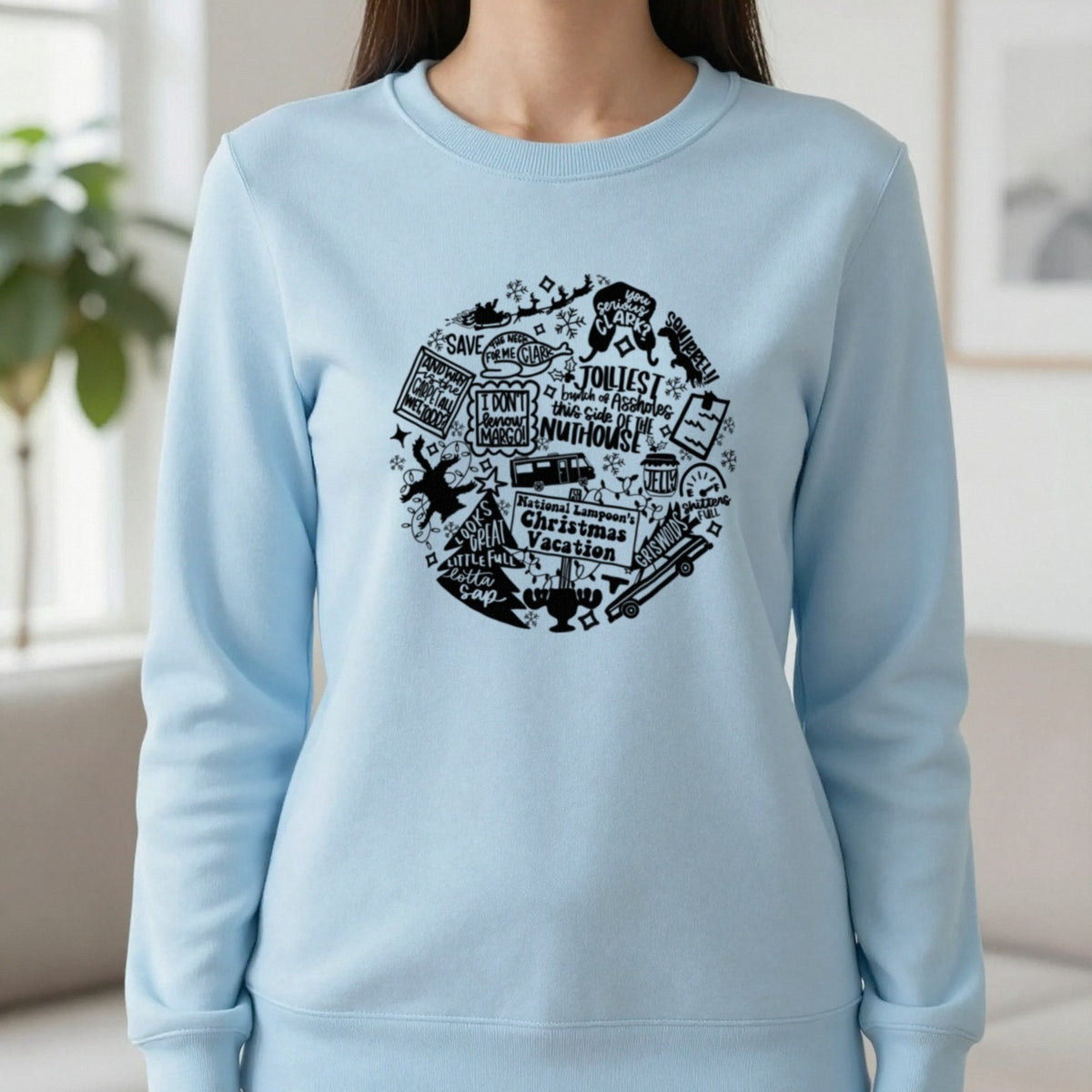 Christmas Vacation Quotes Collage T-Shirt & Sweatshirt in Light Blue, worn, our photo