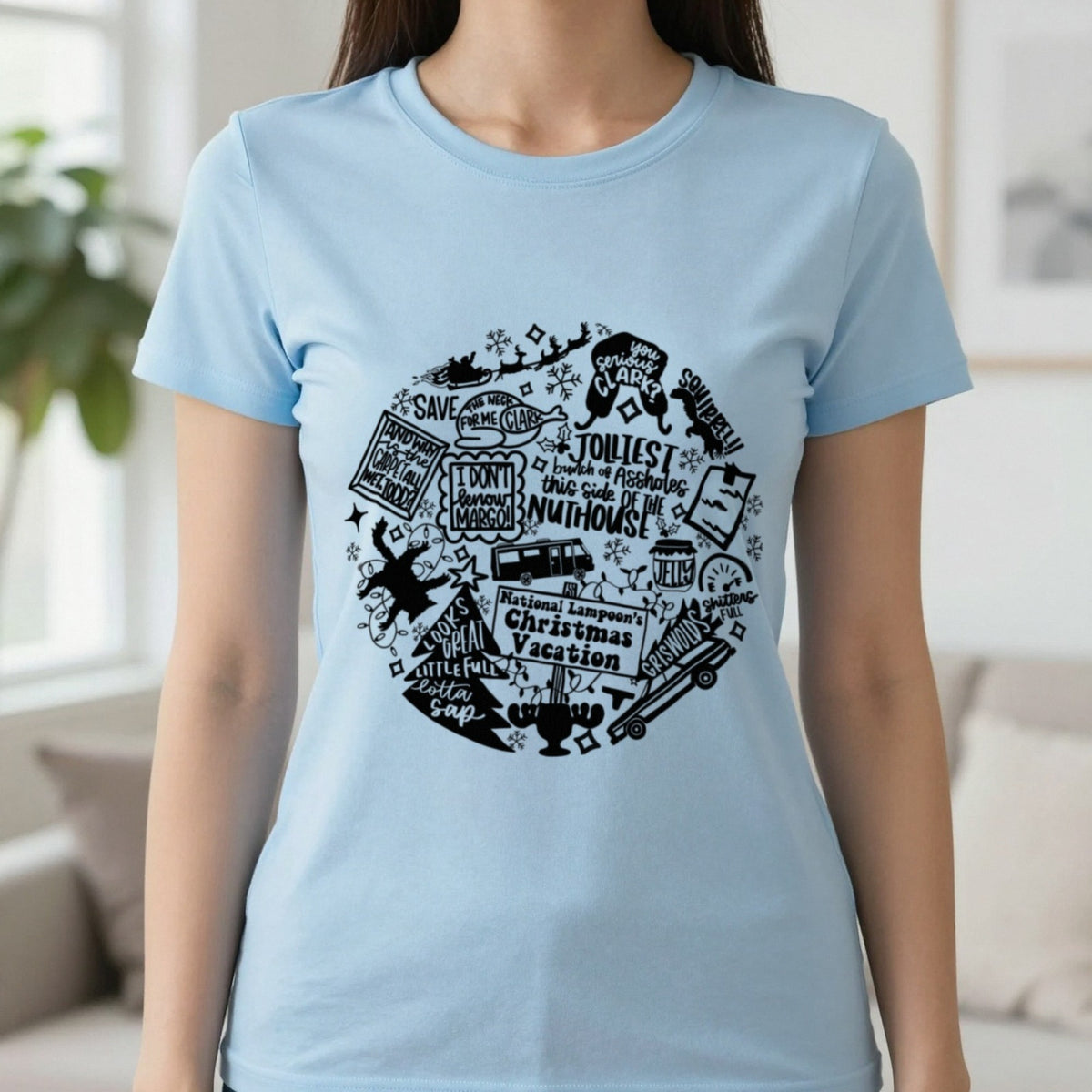 Christmas Vacation Quotes Collage T-Shirt & Sweatshirt in Light Blue, worn, our photo