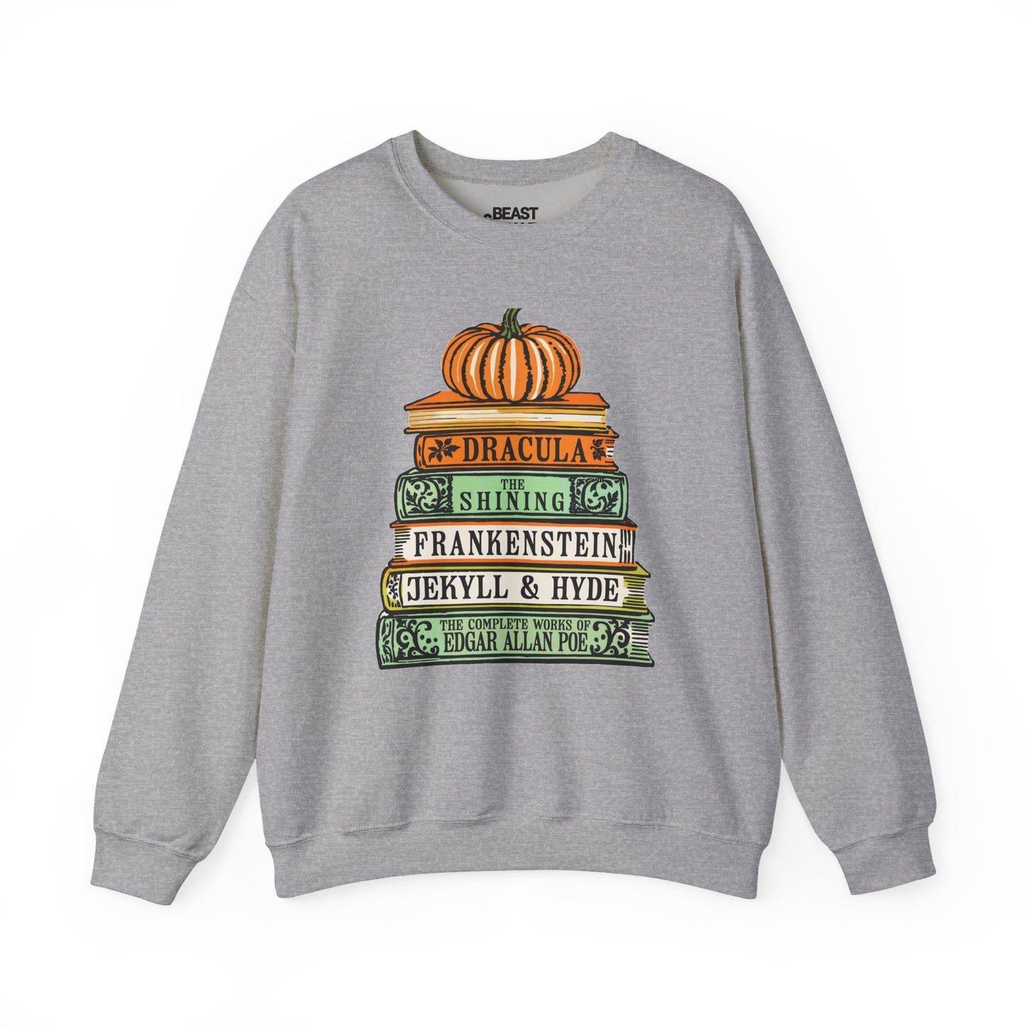 sport grey sweatshirt with classic horror book titles halloween sweatshirt