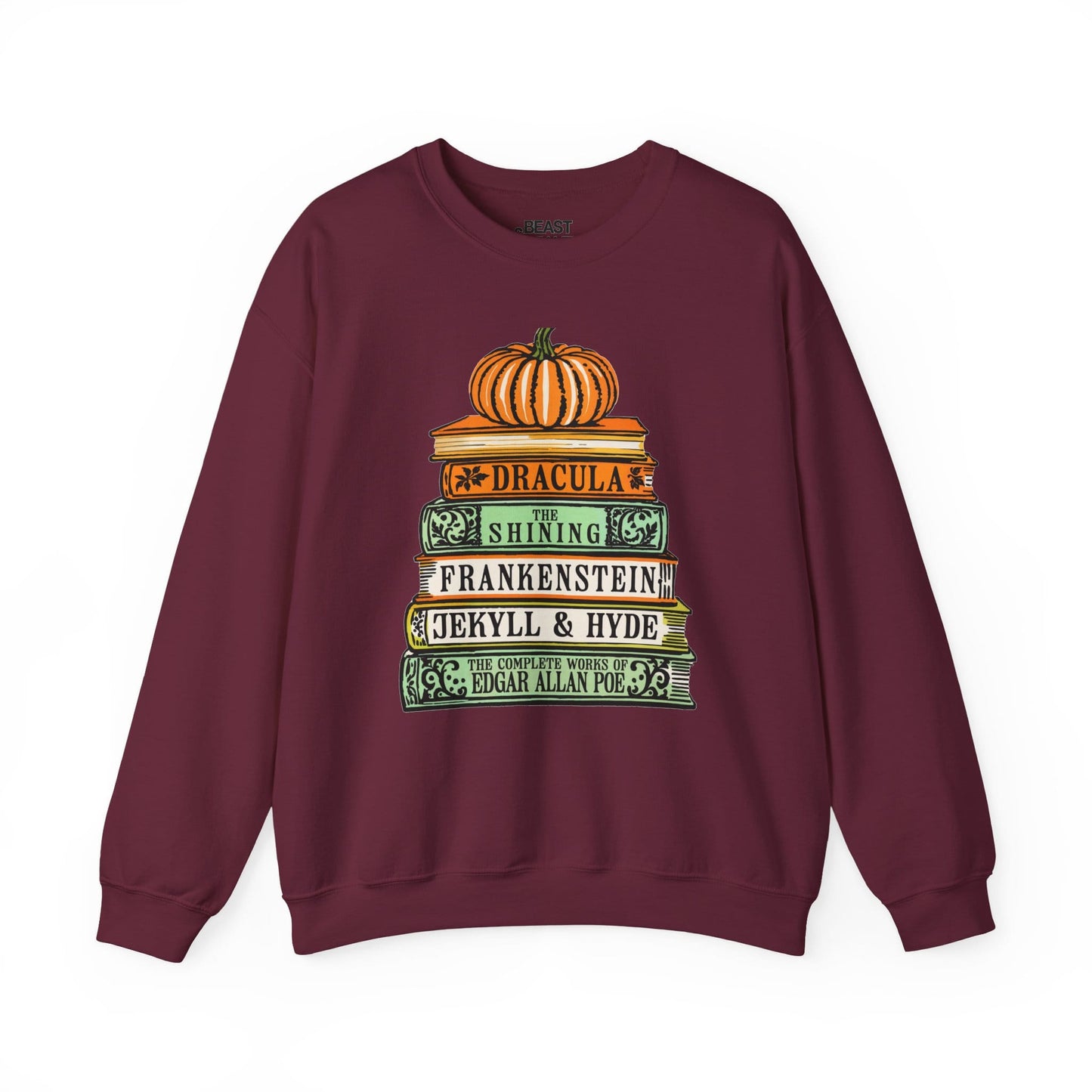 maroon sweatshirt with classic horror books halloween literary design