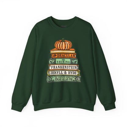 forest green sweatshirt with classic horror book titles spooky autumn print