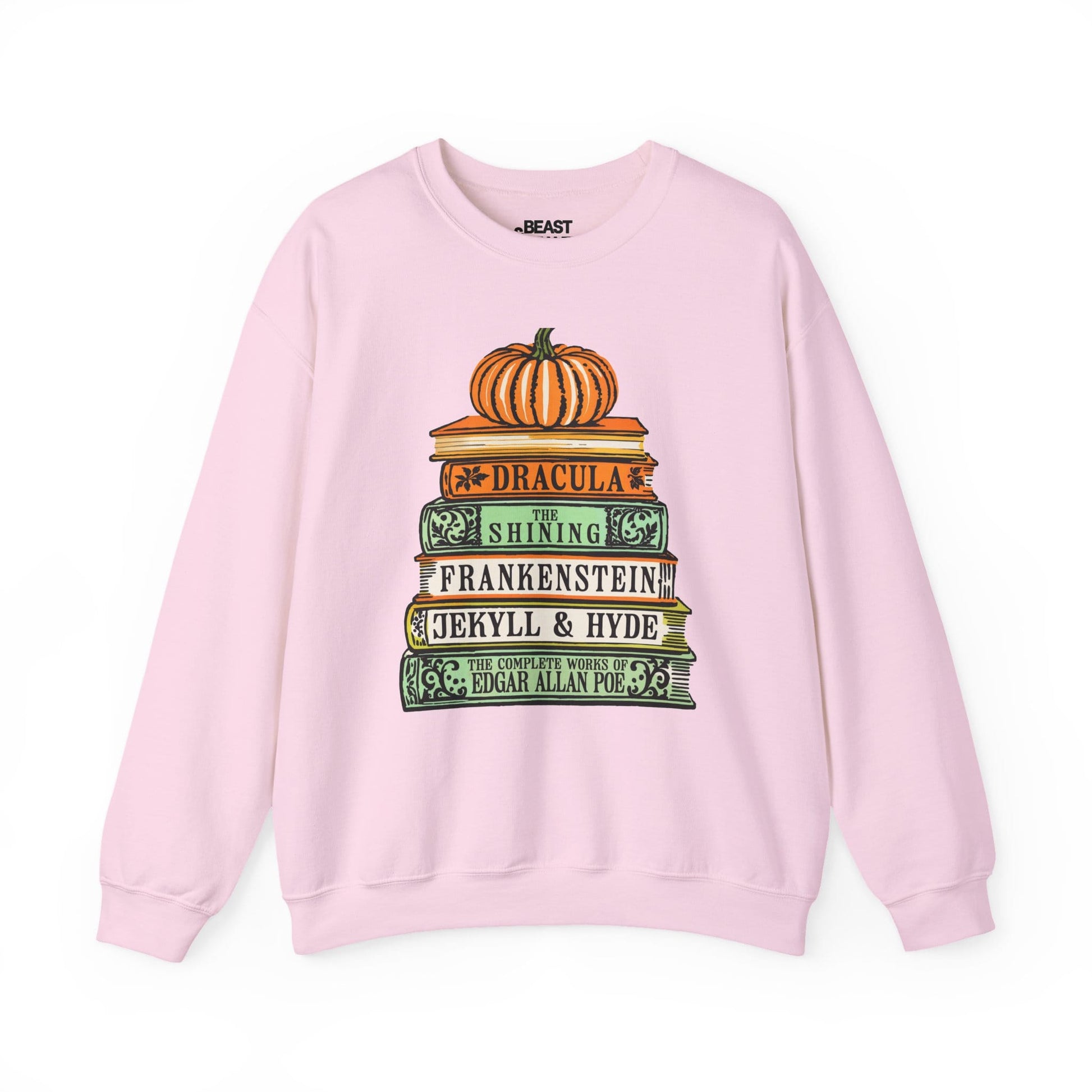 light pink sweatshirt with classic horror books spooky season design