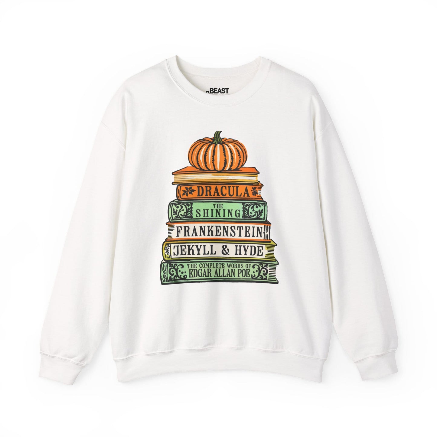 white sweatshirt with classic horror book titles autumn halloween graphic