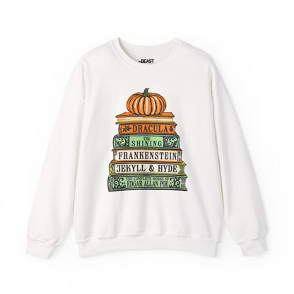 white sweatshirt with classic horror book titles autumn halloween graphic