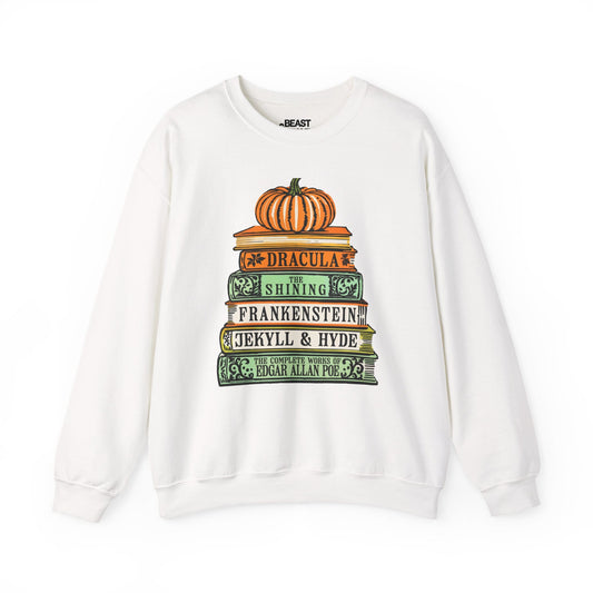 white sweatshirt with classic horror book titles autumn halloween graphic