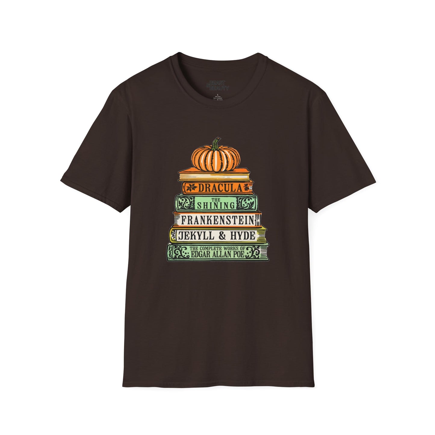 military green t-shirt with vintage horror books and pumpkin halloween print