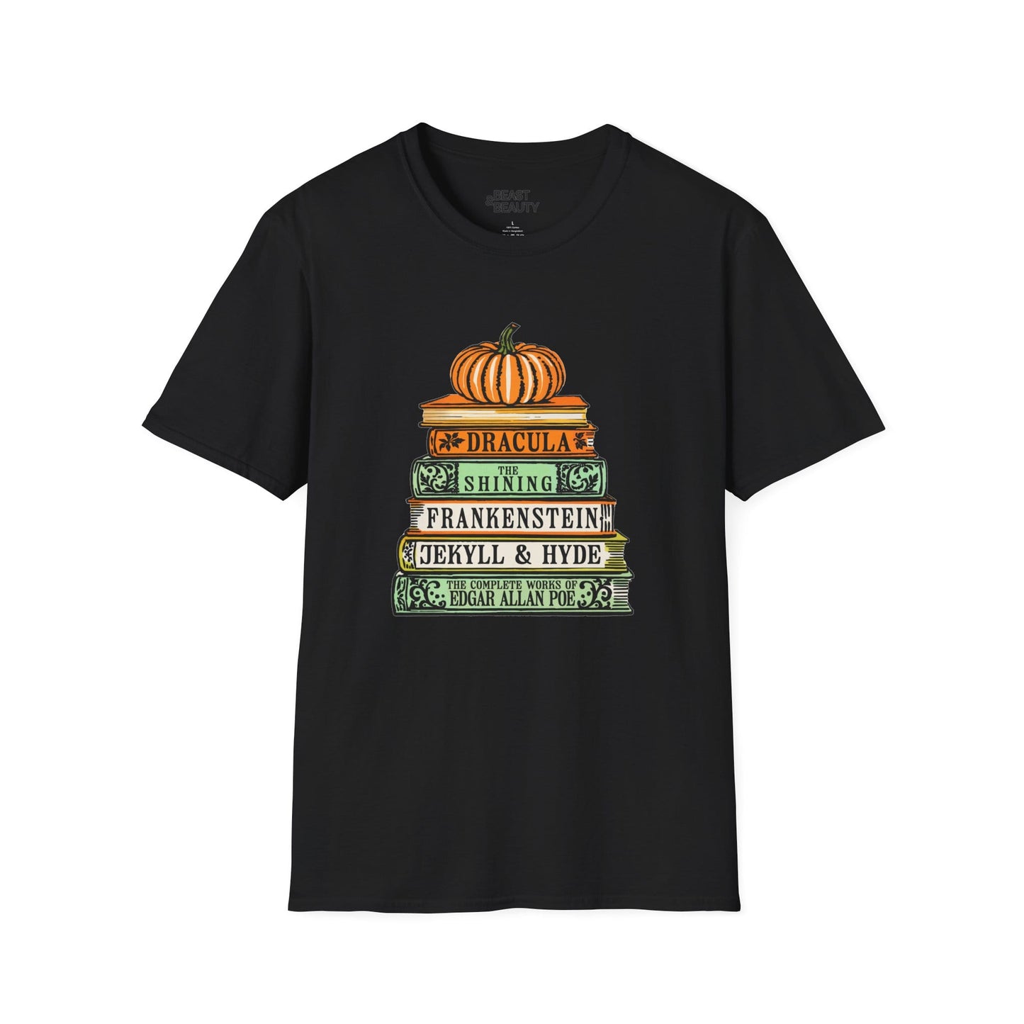 royal blue t-shirt with horror book stack halloween graphic for book lovers