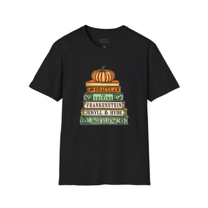 royal blue t-shirt with horror book stack halloween graphic for book lovers