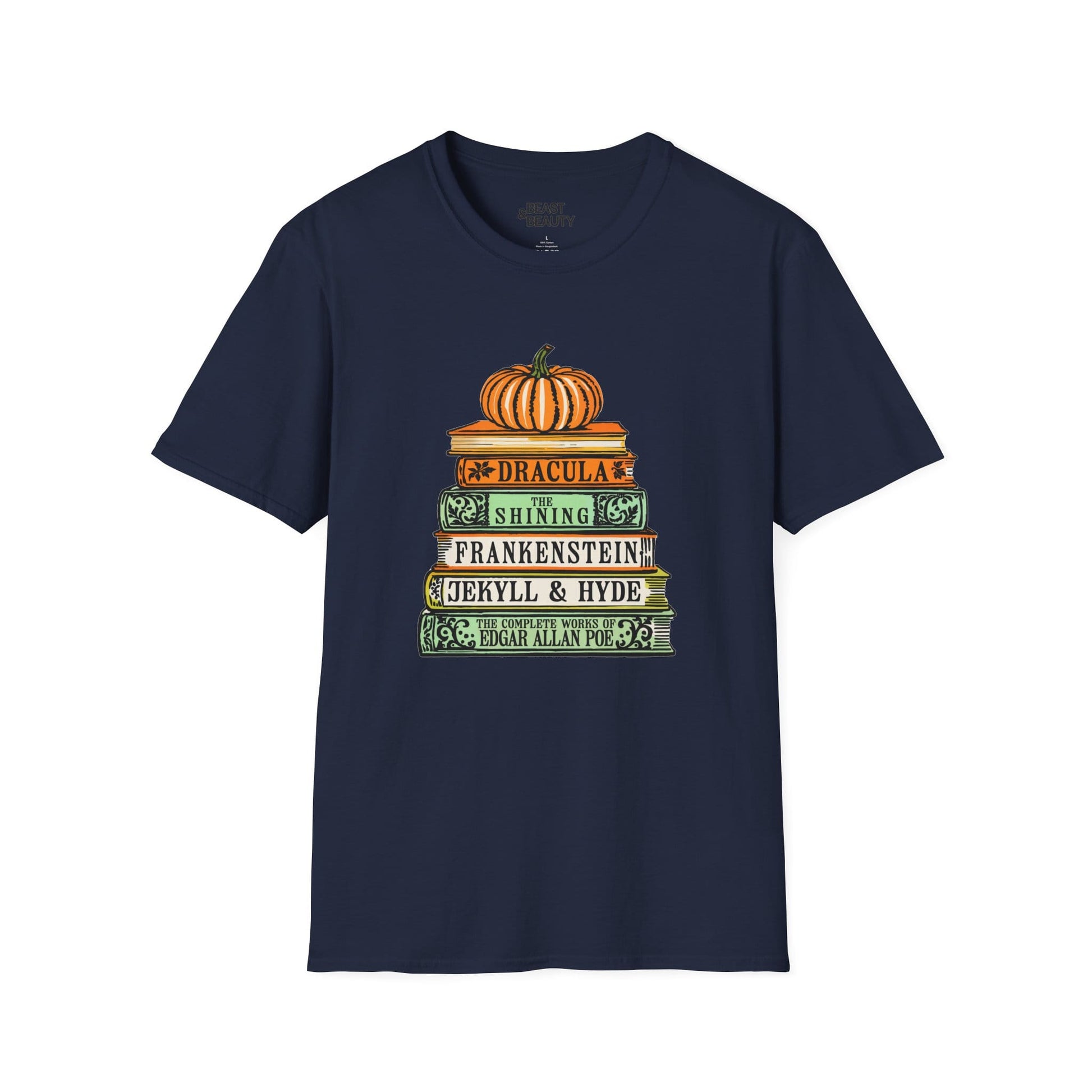 navy t-shirt with classic horror novels stack and pumpkin spooky season design