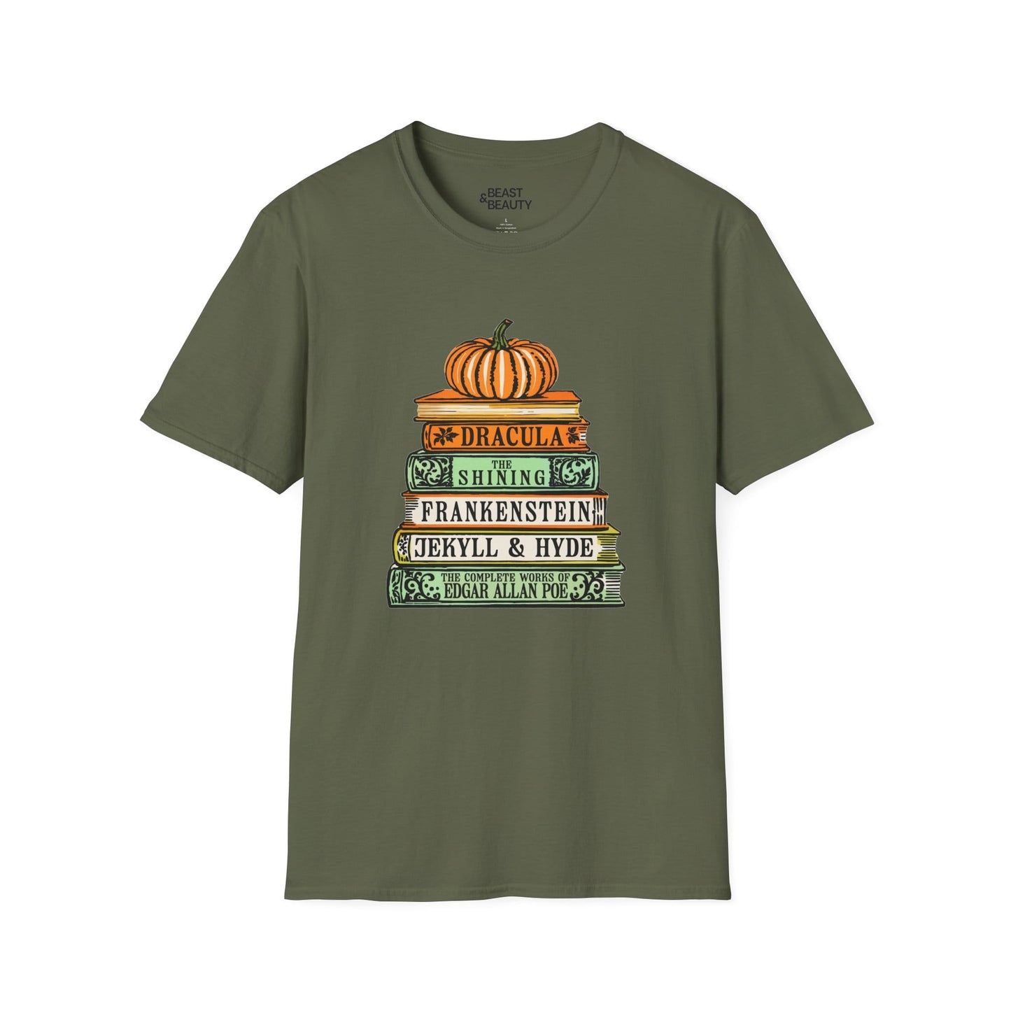 black t-shirt with vintage horror books stack and pumpkin halloween graphic