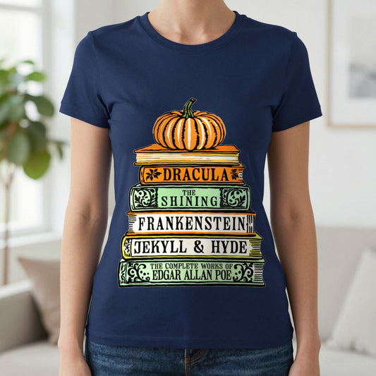 Classic Horror Books Halloween T-Shirt in Navy, worn, our photo