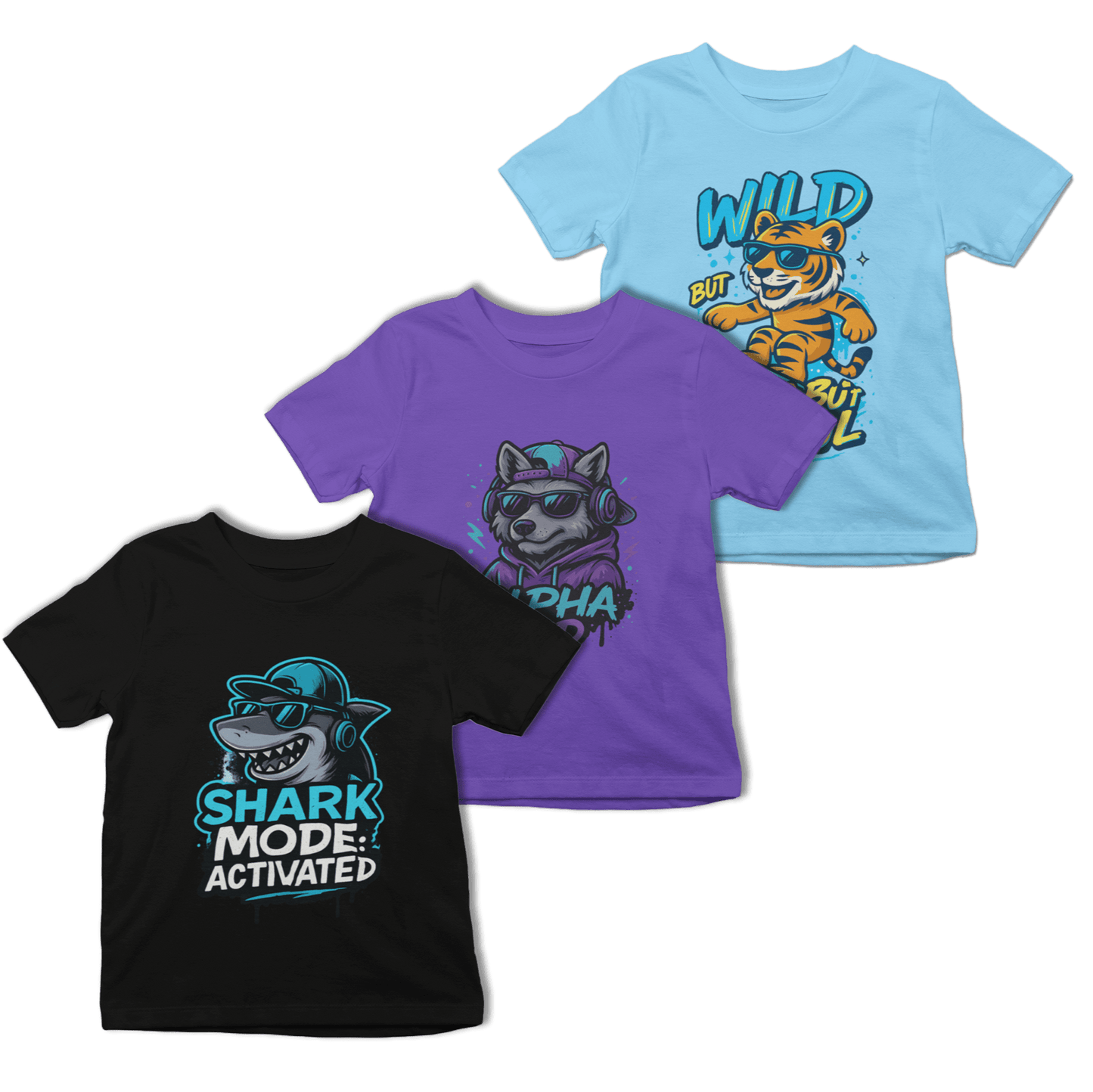 kids animal graphic t-shirt 3-pack set showing shark tiger and wolf streetwear designs ages 3 to 4