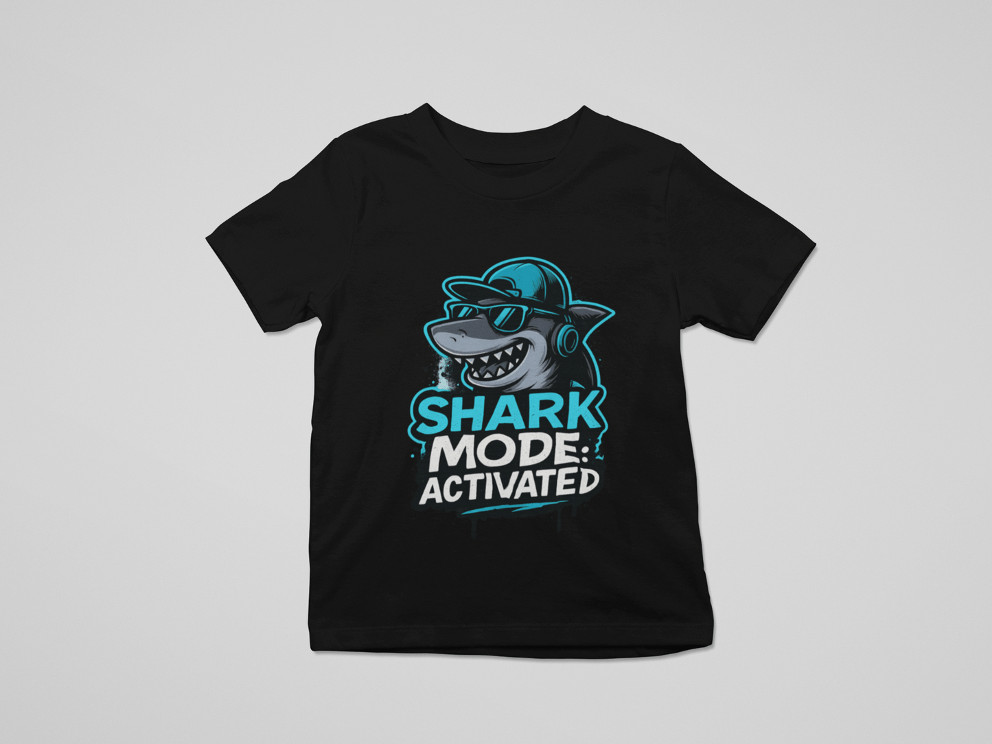 shark mode activated kids graphic t-shirt with cool shark wearing headphones design