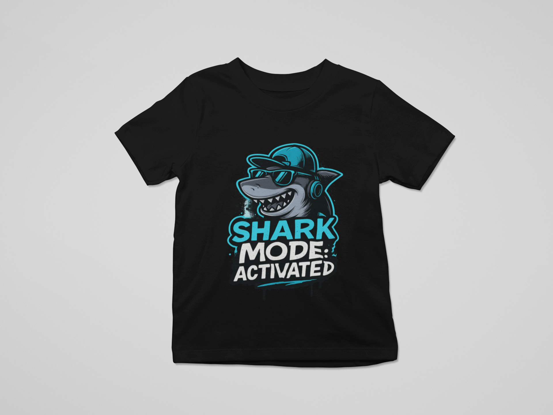 shark mode activated kids graphic t-shirt with cool shark wearing headphones design