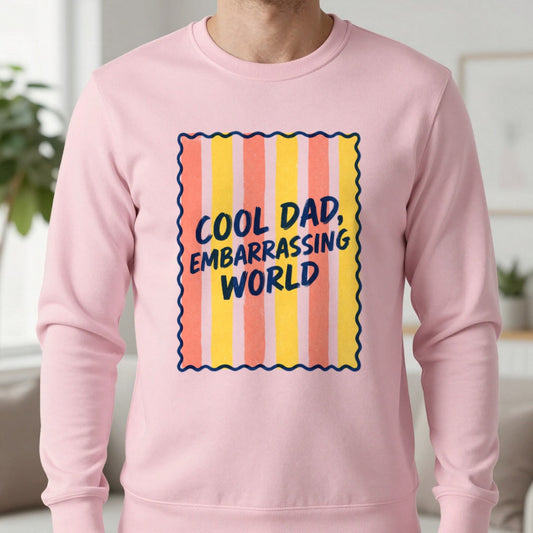 Cool Dad Embarrassing World Sweatshirt in Light Pink, worn, our photo