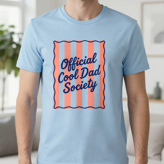 Cool Dad Society T-Shirt in Light Blue, worn, our photo