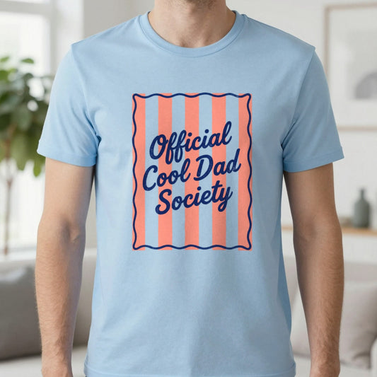 Cool Dad Society T-Shirt in Light Blue, worn, our photo