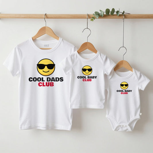 Cool Dads Club & Cool Baby Club grown-up tee, kids tee and baby grow on hangers