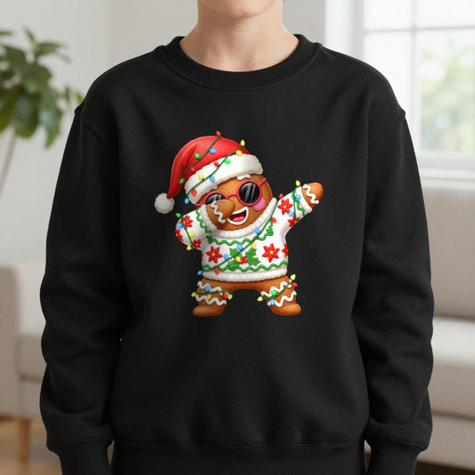 Gingerbread Dab Christmas Sweatshirt in Black, worn, our photo
