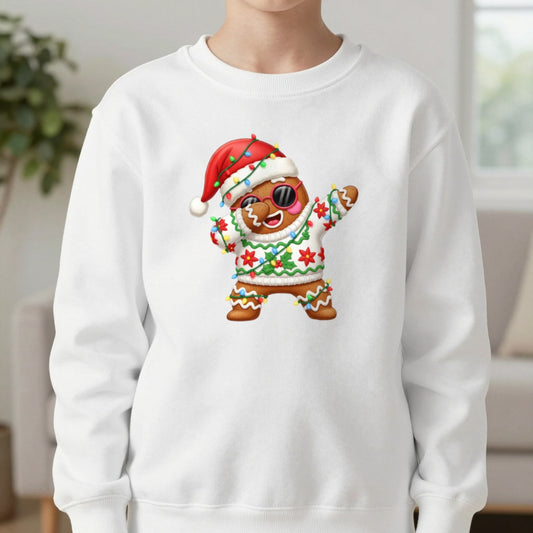 Gingerbread Dab Christmas Sweatshirt in White, worn, our photo